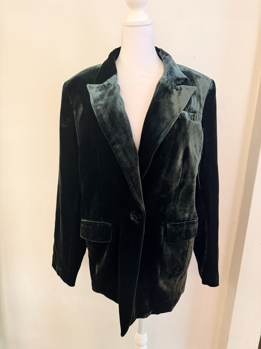 Dark Green Velvet Blazer, Vintage Single Button Jacket